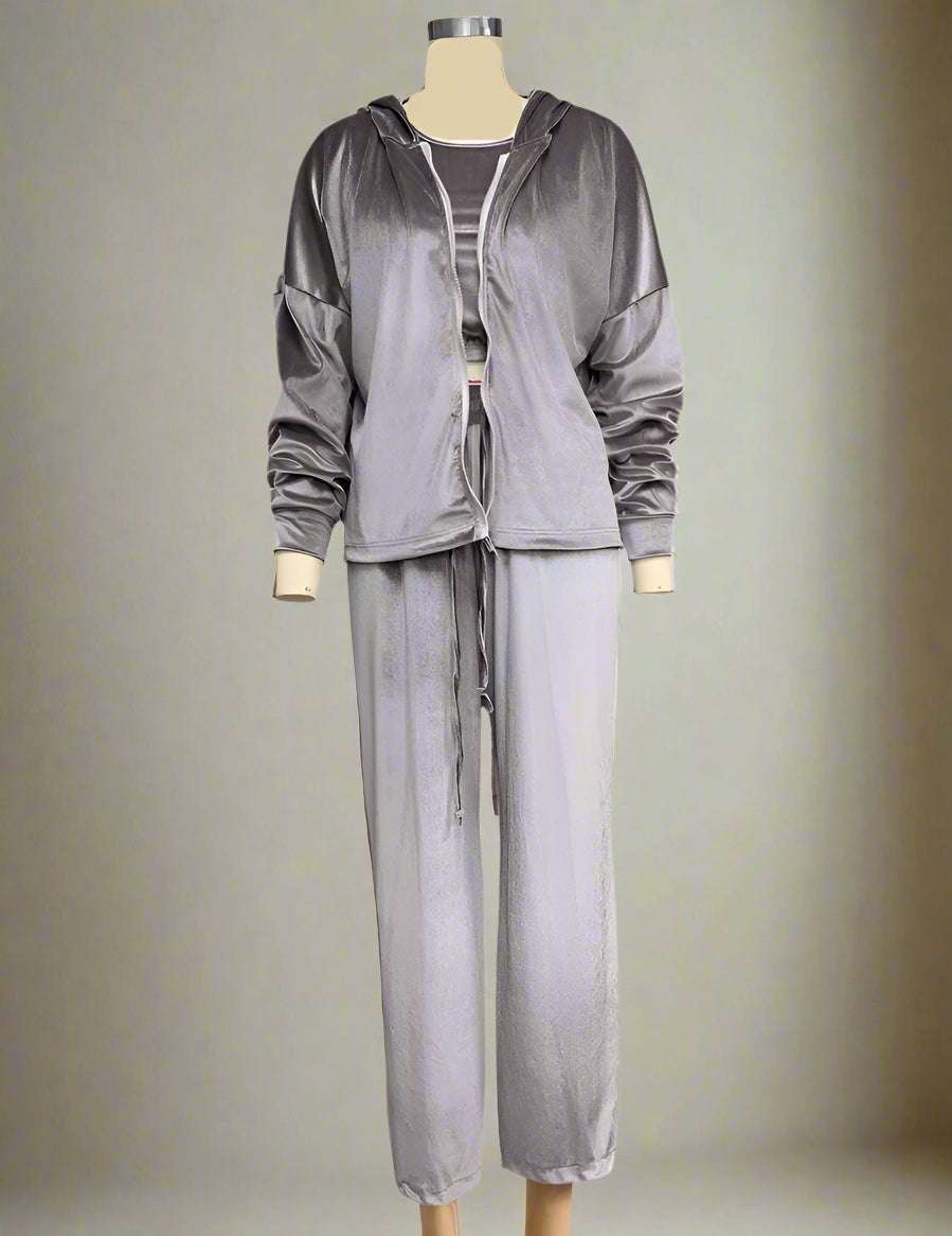 Women's Smooth Soft Velvet Hooded Jacket, Top and Pants Three-piece Outfit Set - ChoreGirl