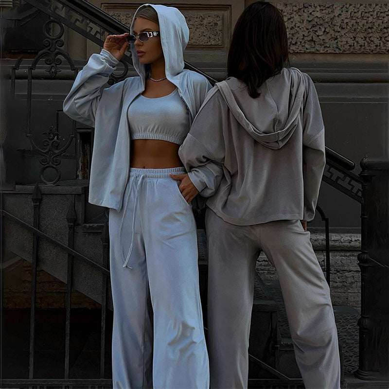 Women's Smooth Soft Velvet Hooded Jacket, Top and Pants Three-piece Outfit Set - ChoreGirl