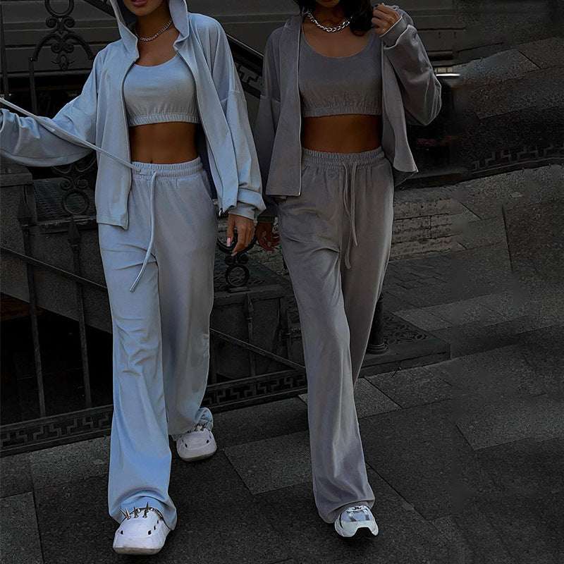 Women's Smooth Soft Velvet Hooded Jacket, Top and Pants Three-piece Outfit Set - ChoreGirl