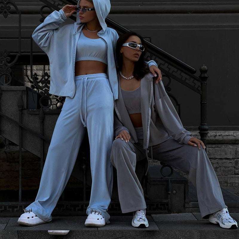 Women's Smooth Soft Velvet Hooded Jacket, Top and Pants Three-piece Outfit Set - ChoreGirl
