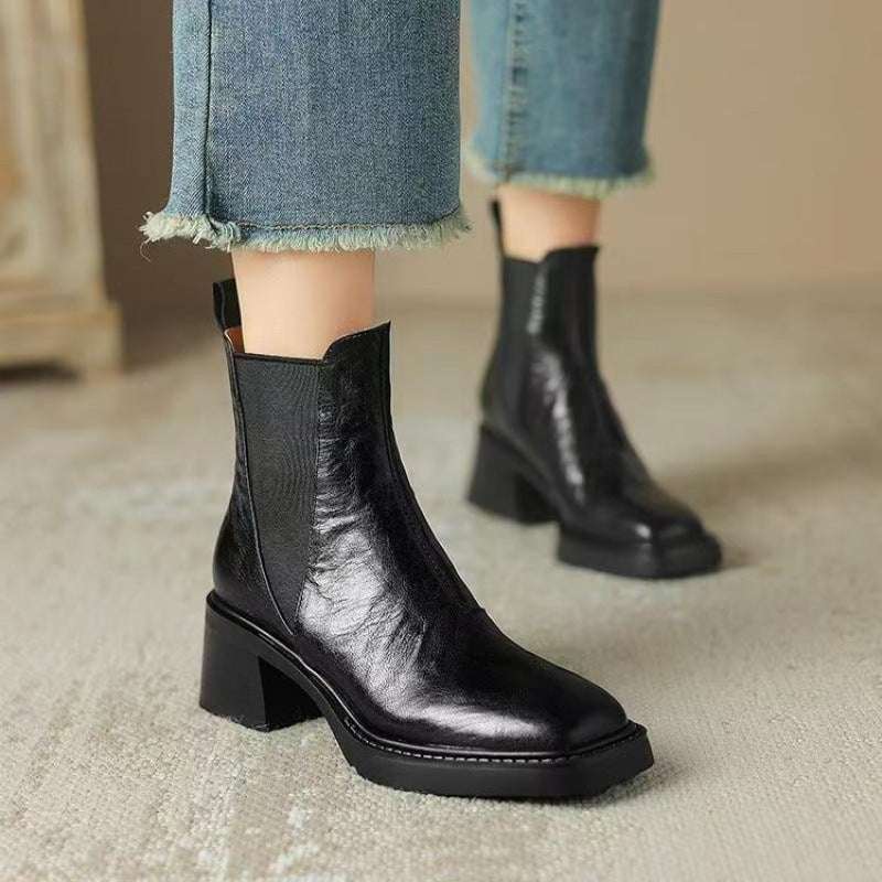 Women's Soft Leather Chunky Heel Chelsea Boots - ChoreGirl