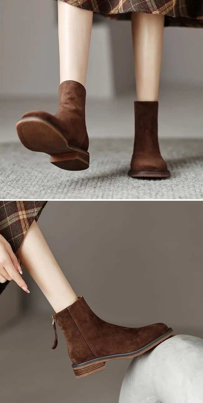 Women's Suede Short Barrel Chunky Heel Boots with Back Zipper - ChoreGirl