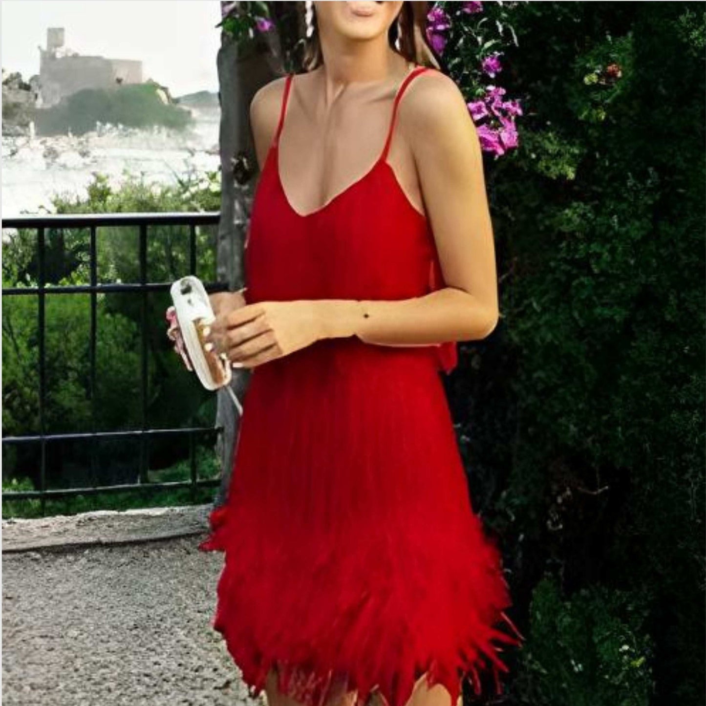 Women's V-Neck Spaghetti Strap Tassel Sequins Feather Party Mini Dress - ChoreGirl