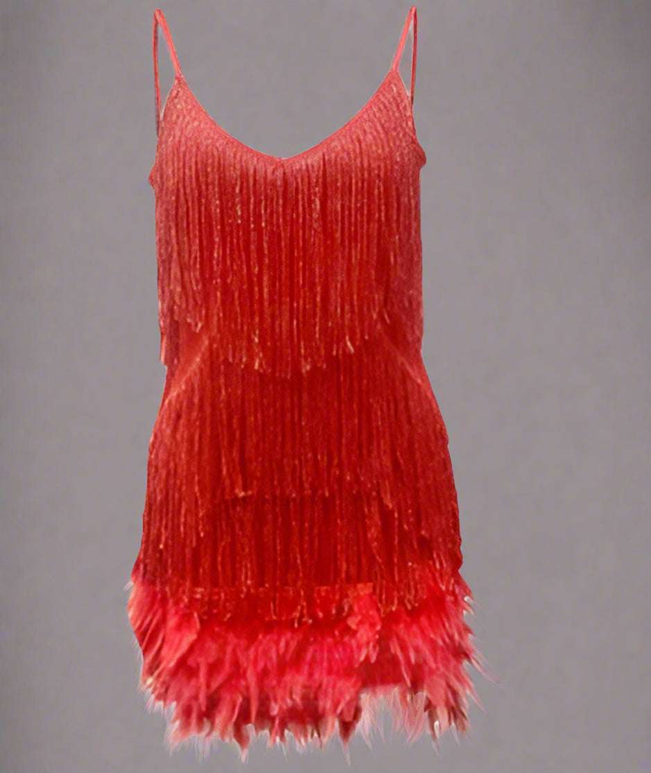 Women's V-Neck Spaghetti Strap Tassel Sequins Feather Party Mini Dress - ChoreGirl