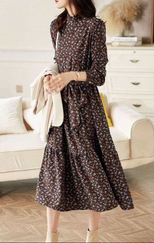 Women's Western Style High Neckline Dark Chocolate Brown Color Dress with Blue Flower Pattern - ChoreGirl