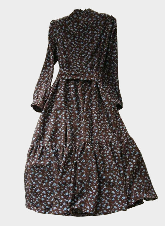 Women's Western Style High Neckline Dark Chocolate Brown Color Dress with Blue Flower Pattern - ChoreGirl