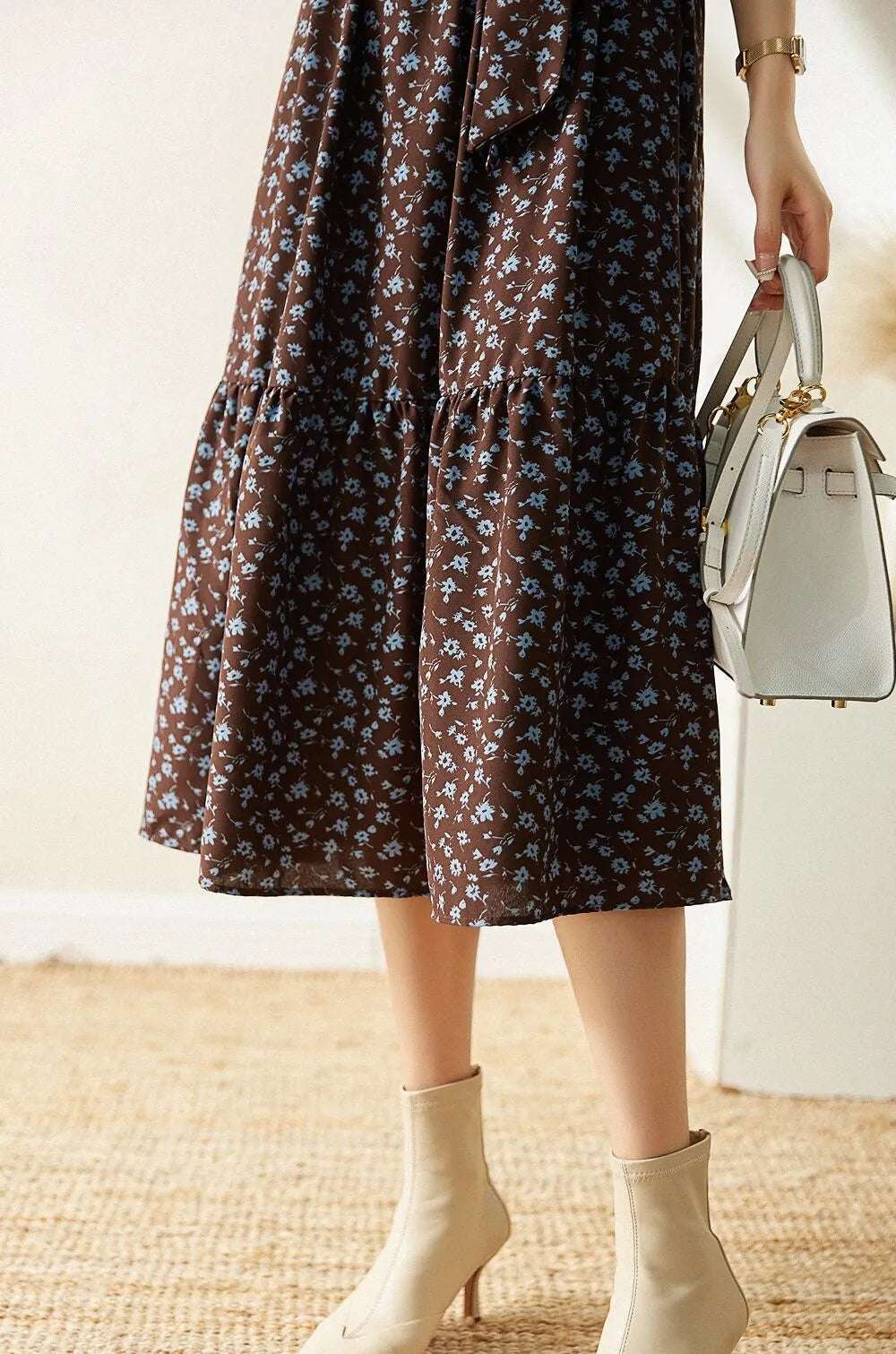 Women's Western Style High Neckline Dark Chocolate Brown Color Dress with Blue Flower Pattern - ChoreGirl