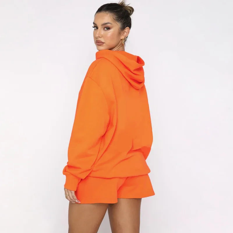 Women's Solid Color Long Sleeved Hooded Pullover Set - ChoreGirl