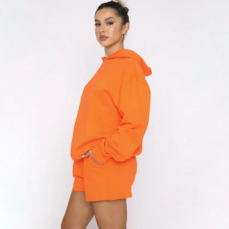 Women's Solid Color Long Sleeved Hooded Pullover Set - ChoreGirl