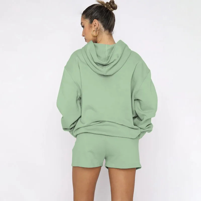 Women's Solid Color Long Sleeved Hooded Pullover Set - ChoreGirl