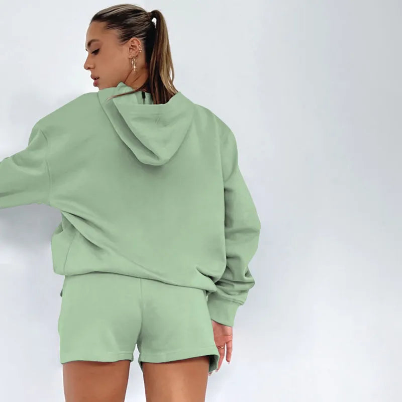 Women's Solid Color Long Sleeved Hooded Pullover Set - ChoreGirl