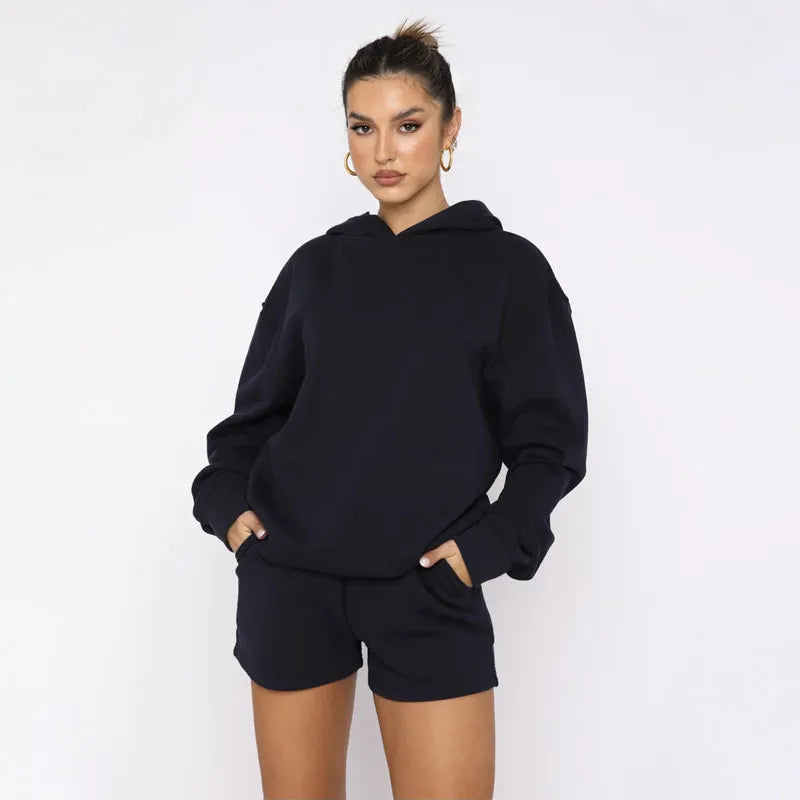 Women's Solid Color Long Sleeved Hooded Pullover Set - ChoreGirl