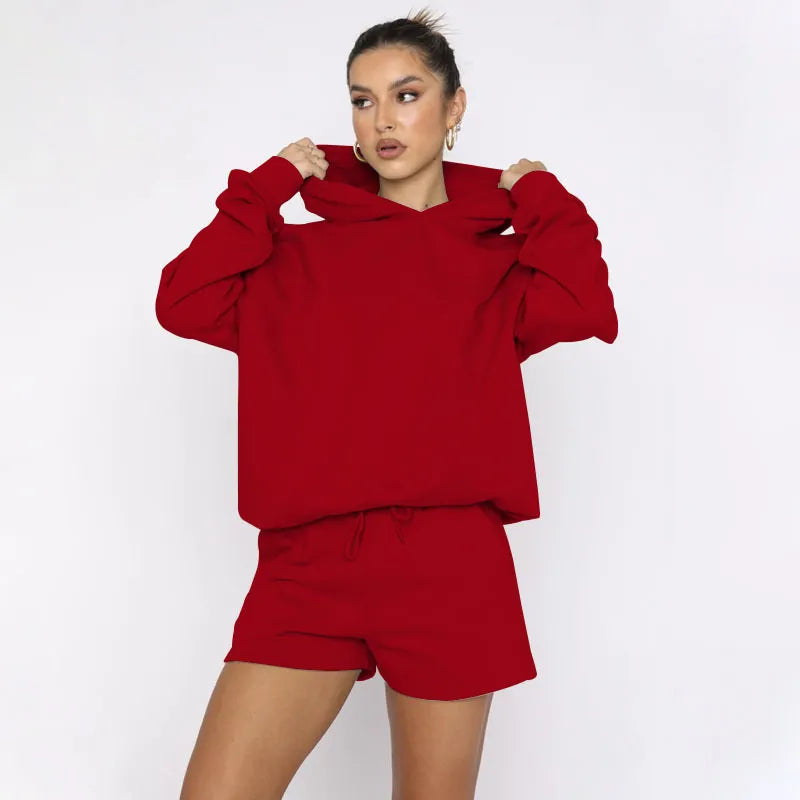 Women's Solid Color Long Sleeved Hooded Pullover Set - ChoreGirl