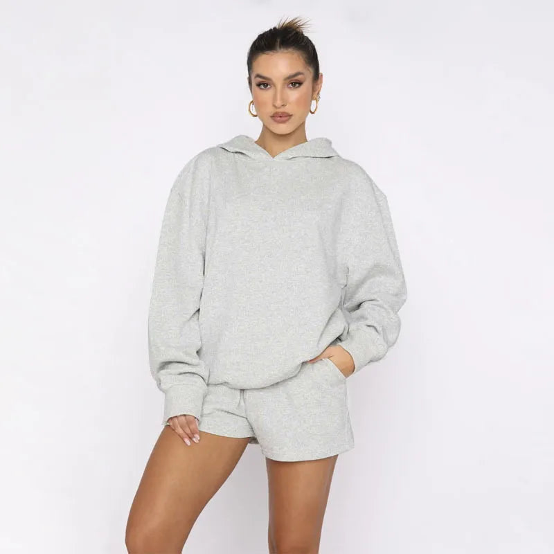 Women's Solid Color Long Sleeved Hooded Pullover Set - ChoreGirl