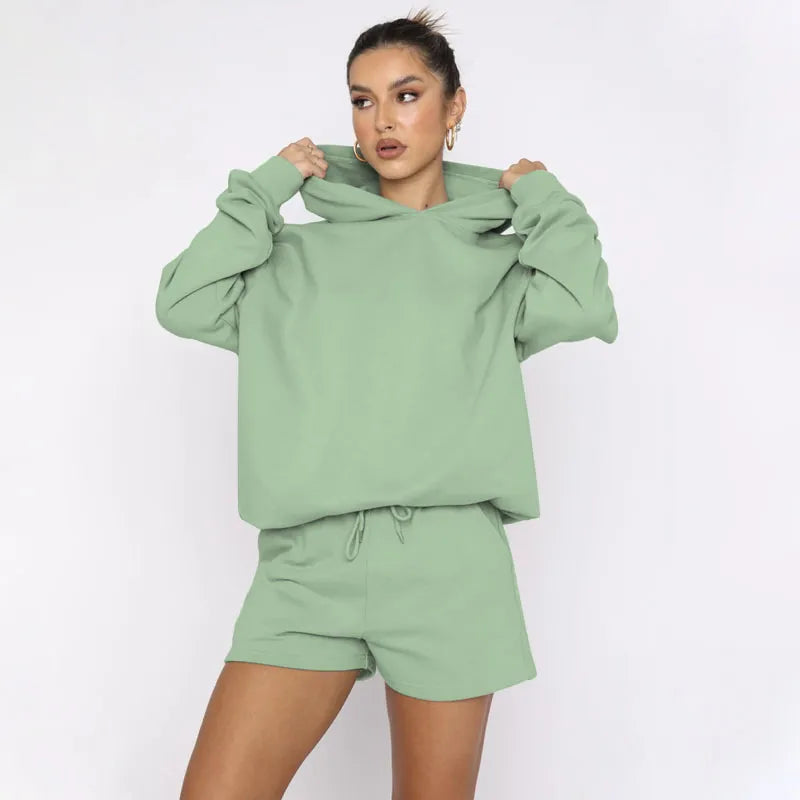 Women's Solid Color Long Sleeved Hooded Pullover Set - ChoreGirl