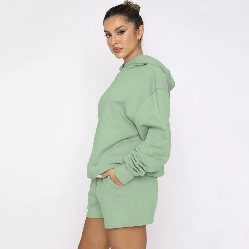 Women's Solid Color Long Sleeved Hooded Pullover Set - ChoreGirl