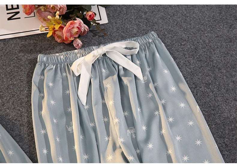 Women's Thin Ice Silk Satin and Lace Two-piece Pajamas Set - ChoreGirl