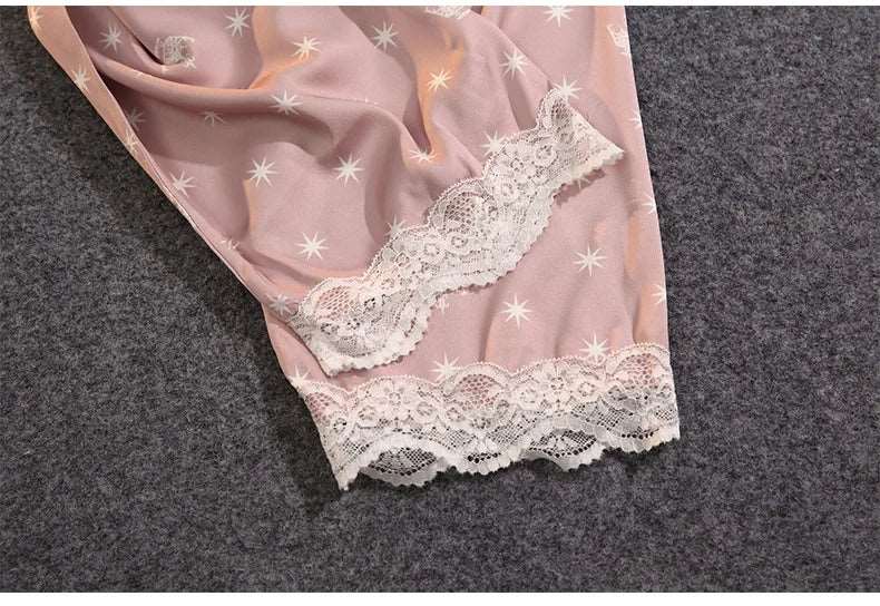 Women's Thin Ice Silk Satin and Lace Two-piece Pajamas Set - ChoreGirl