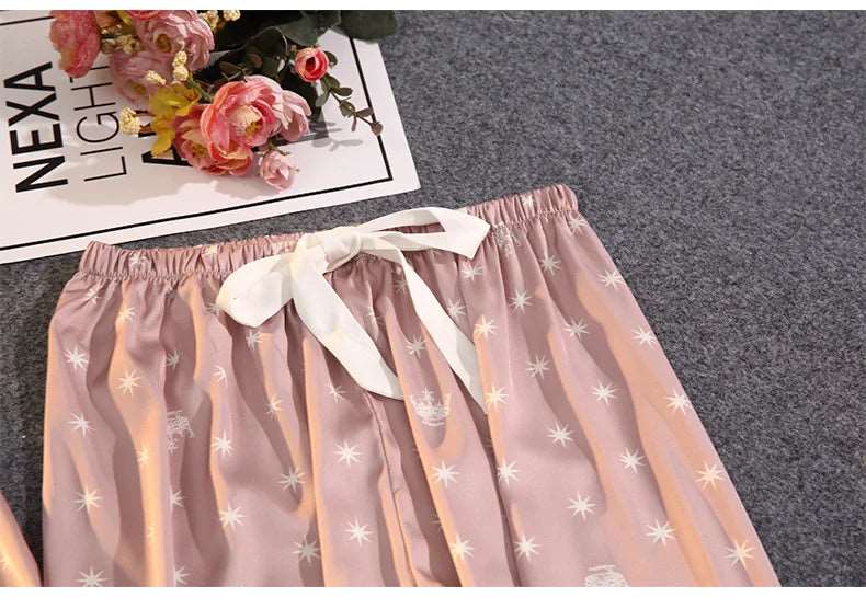 Women's Thin Ice Silk Satin and Lace Two-piece Pajamas Set - ChoreGirl