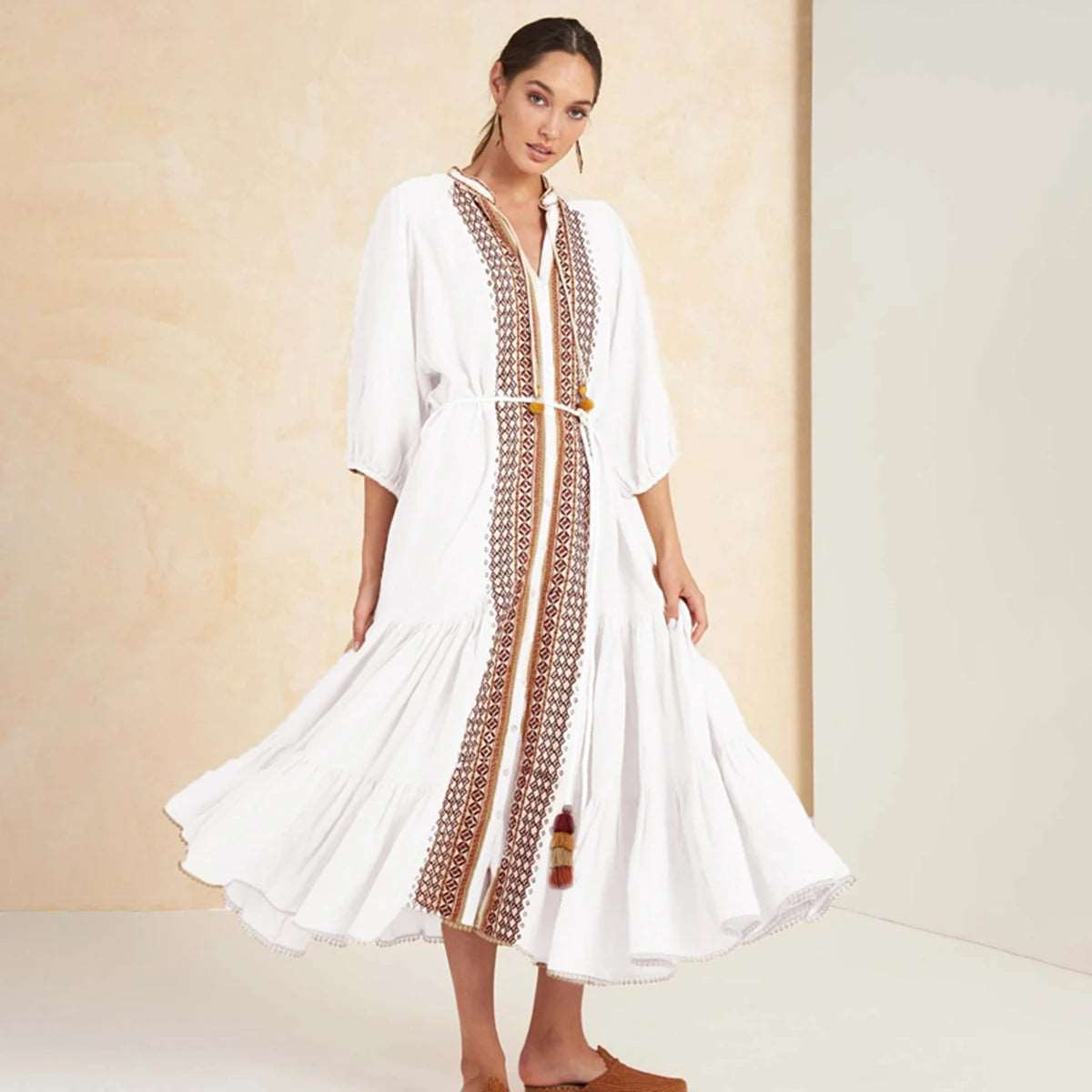 Women's Vintage Boho Beach Hippie Long Sleeve Embroidery Loose Maxi Dress - ChoreGirl