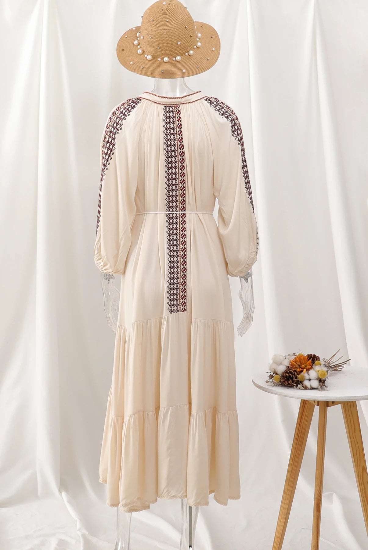 Women's Vintage Boho Beach Hippie Long Sleeve Embroidery Loose Maxi Dress - ChoreGirl