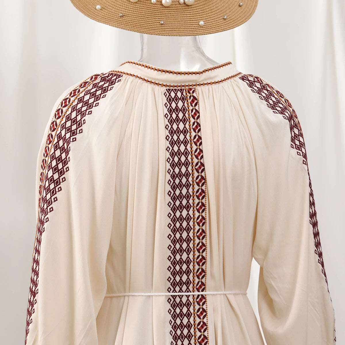 Women's Vintage Boho Beach Hippie Long Sleeve Embroidery Loose Maxi Dress - ChoreGirl