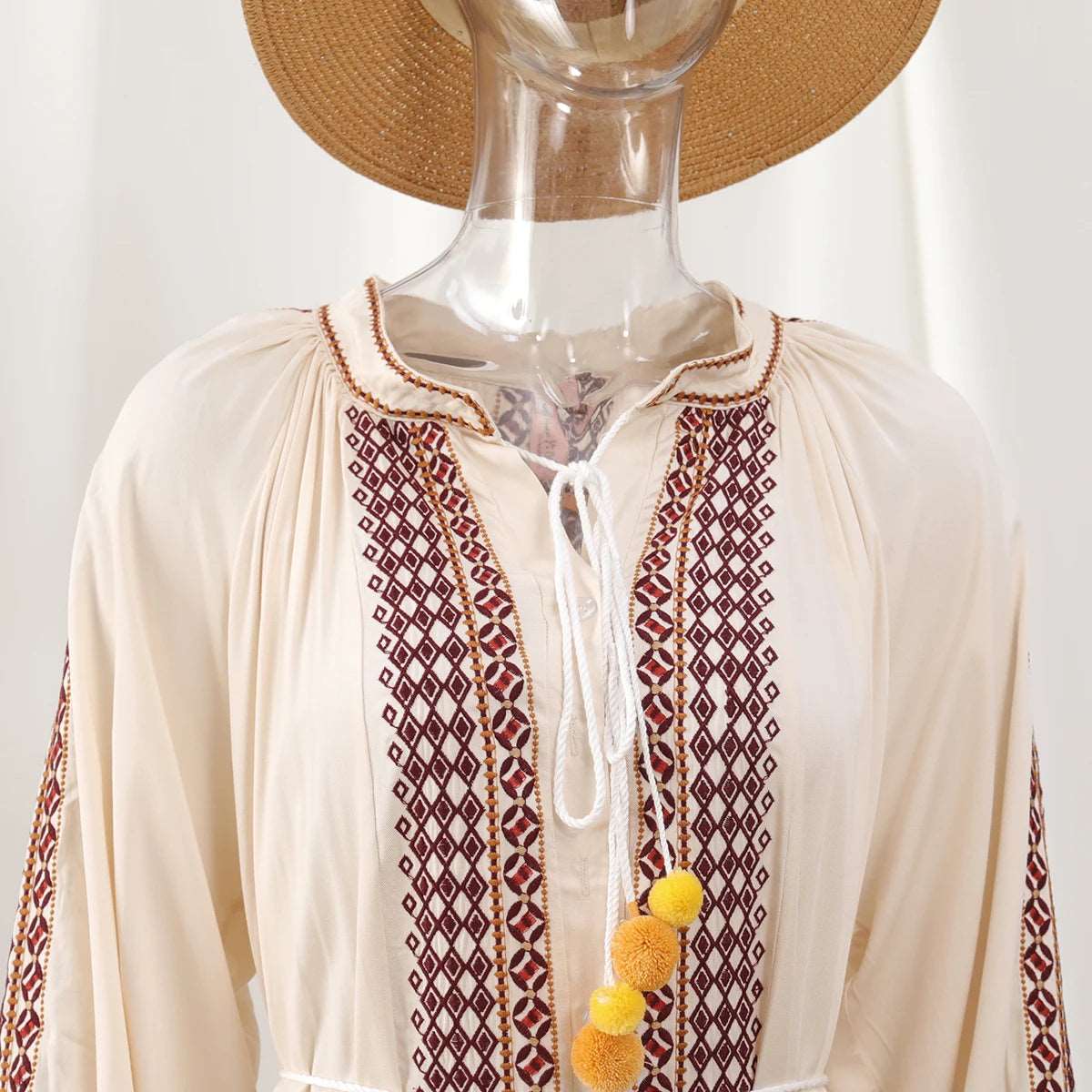 Women's Vintage Boho Beach Hippie Long Sleeve Embroidery Loose Maxi Dress - ChoreGirl