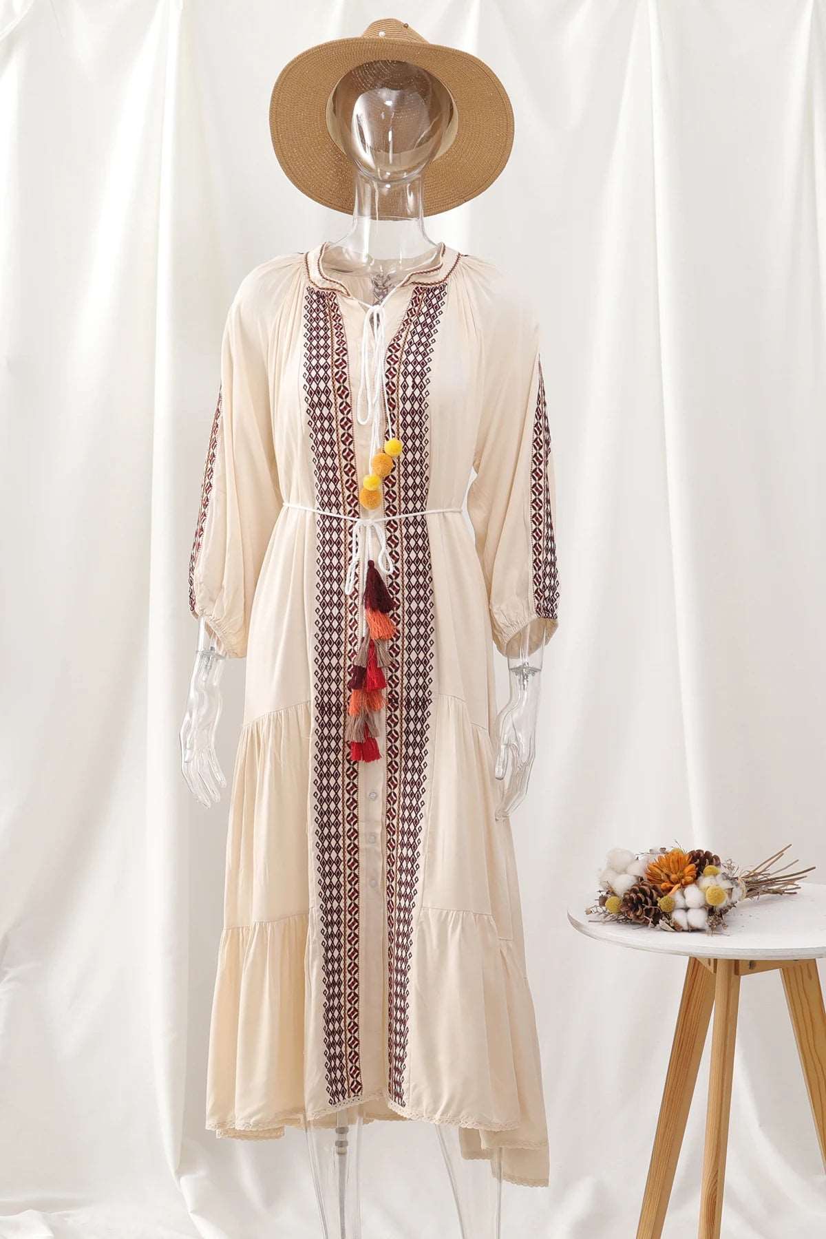 Women's Vintage Boho Beach Hippie Long Sleeve Embroidery Loose Maxi Dress - ChoreGirl