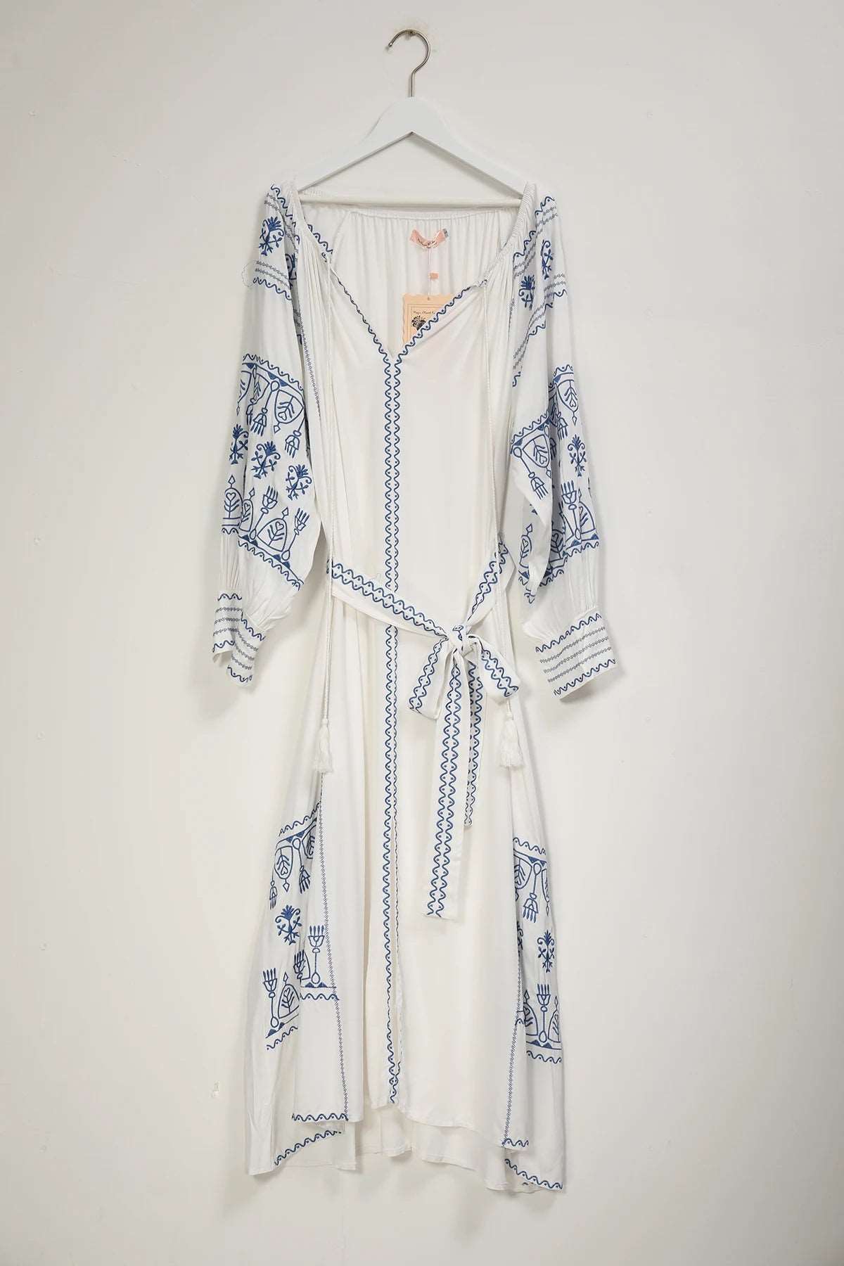 Women's Vintage Boho Beach Hippie Long Sleeve Embroidery Loose Maxi Dress - ChoreGirl