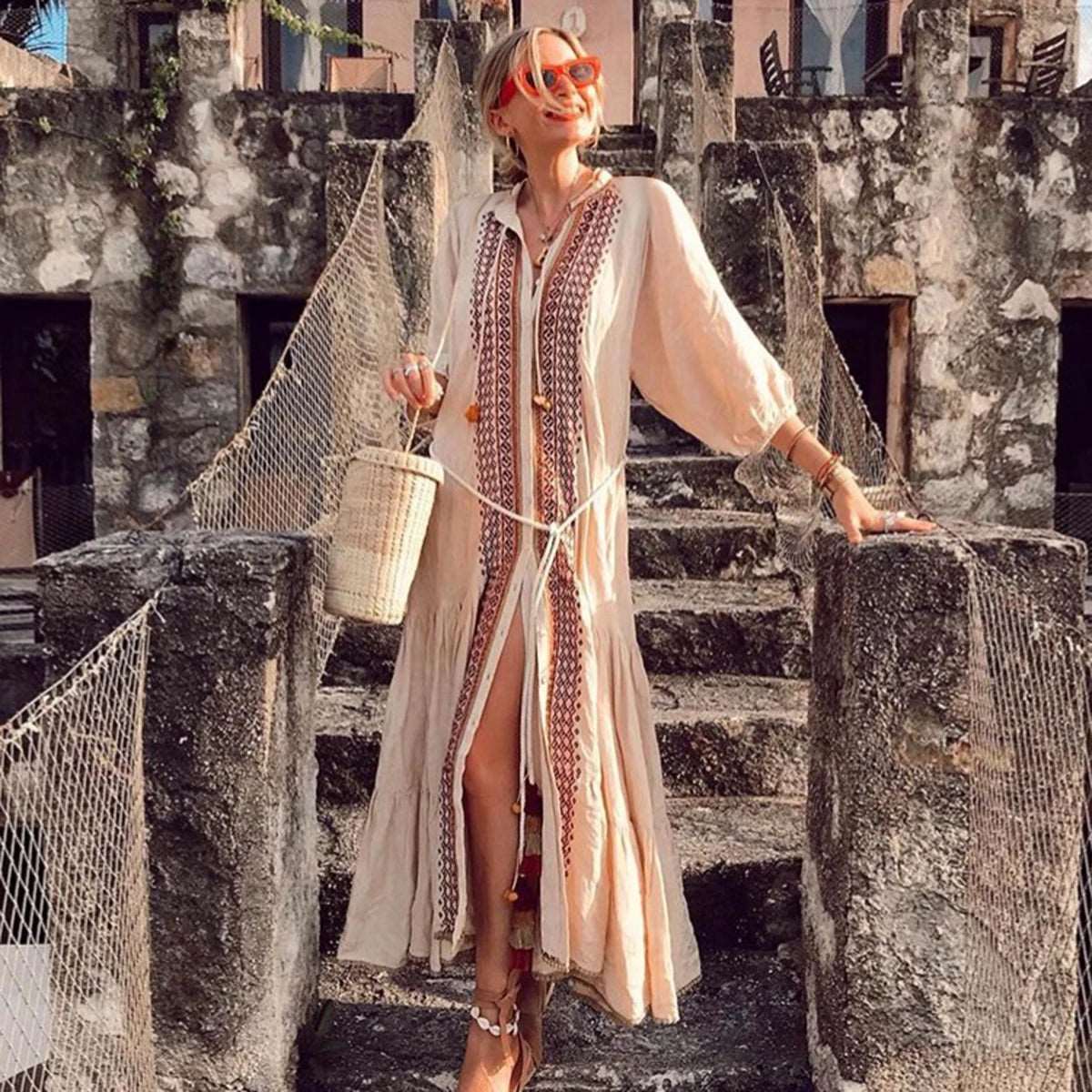 Women's Vintage Boho Beach Hippie Long Sleeve Embroidery Loose Maxi Dress - ChoreGirl