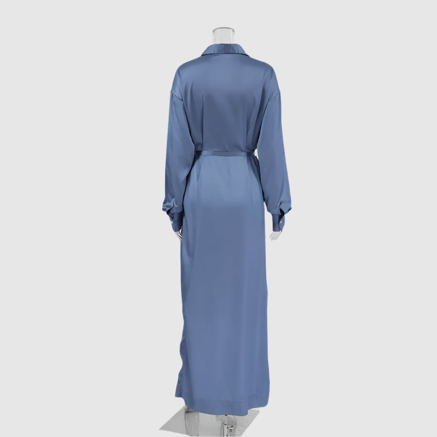 Women's Asymmetric Cut Slit Satin Shirt Dress with Belt - ChoreGirl
