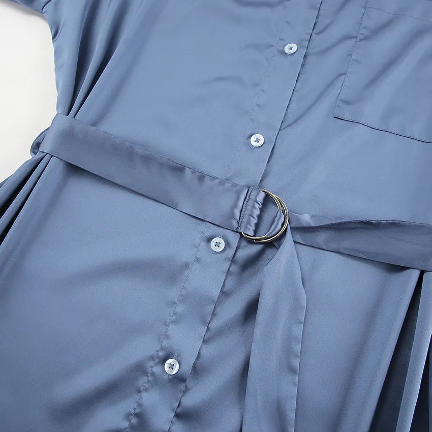 Women's Asymmetric Cut Slit Satin Shirt Dress with Belt - ChoreGirl