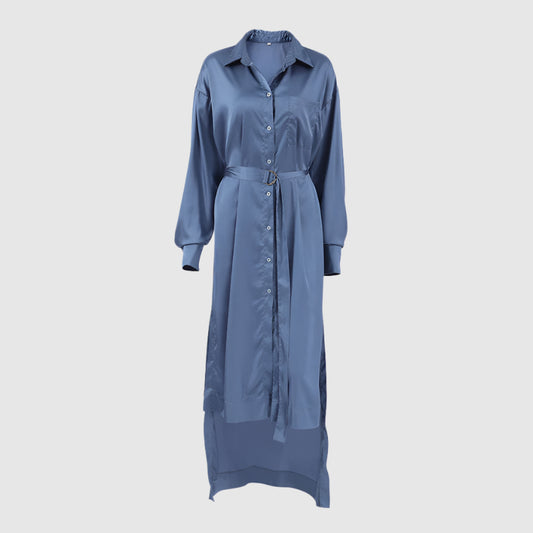 Women's Asymmetric Cut Slit Satin Shirt Dress with Belt - ChoreGirl