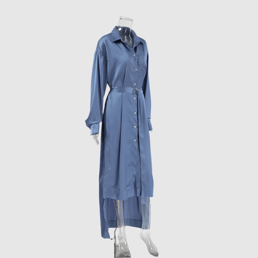 Women's Asymmetric Cut Slit Satin Shirt Dress with Belt - ChoreGirl