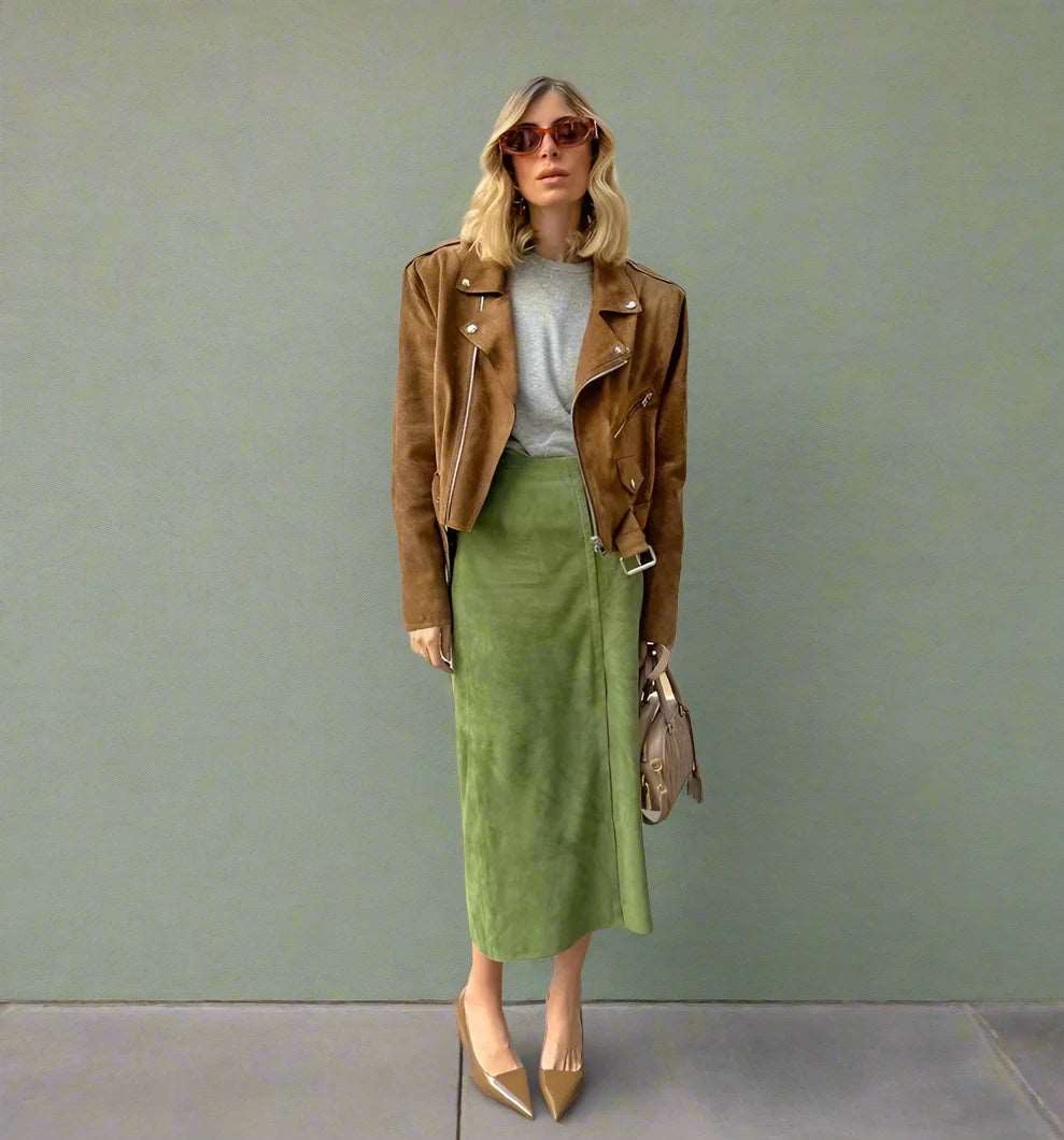 Women's Avocado Green High Waist Suede Skirt - ChoreGirl