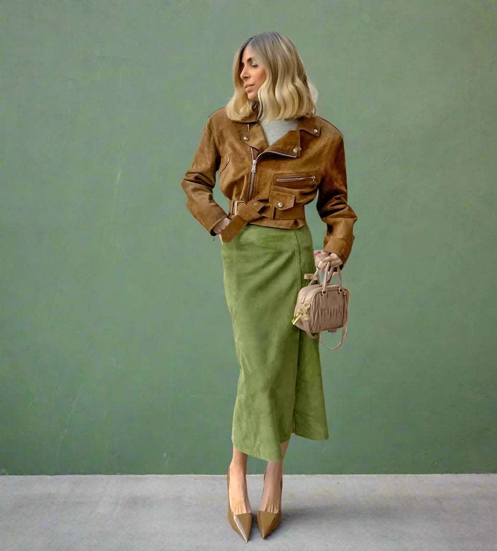 Women's Avocado Green High Waist Suede Skirt - ChoreGirl