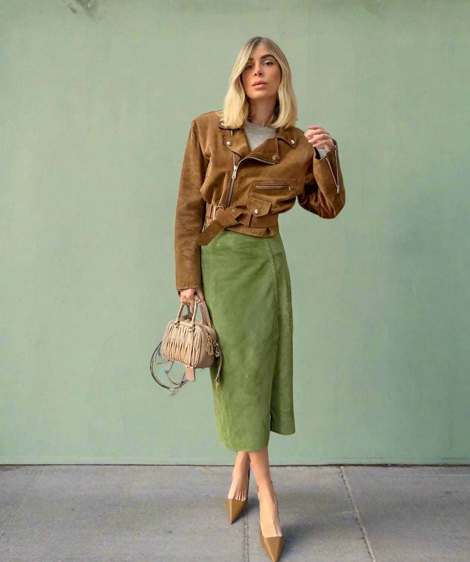 Women's Avocado Green High Waist Suede Skirt - ChoreGirl