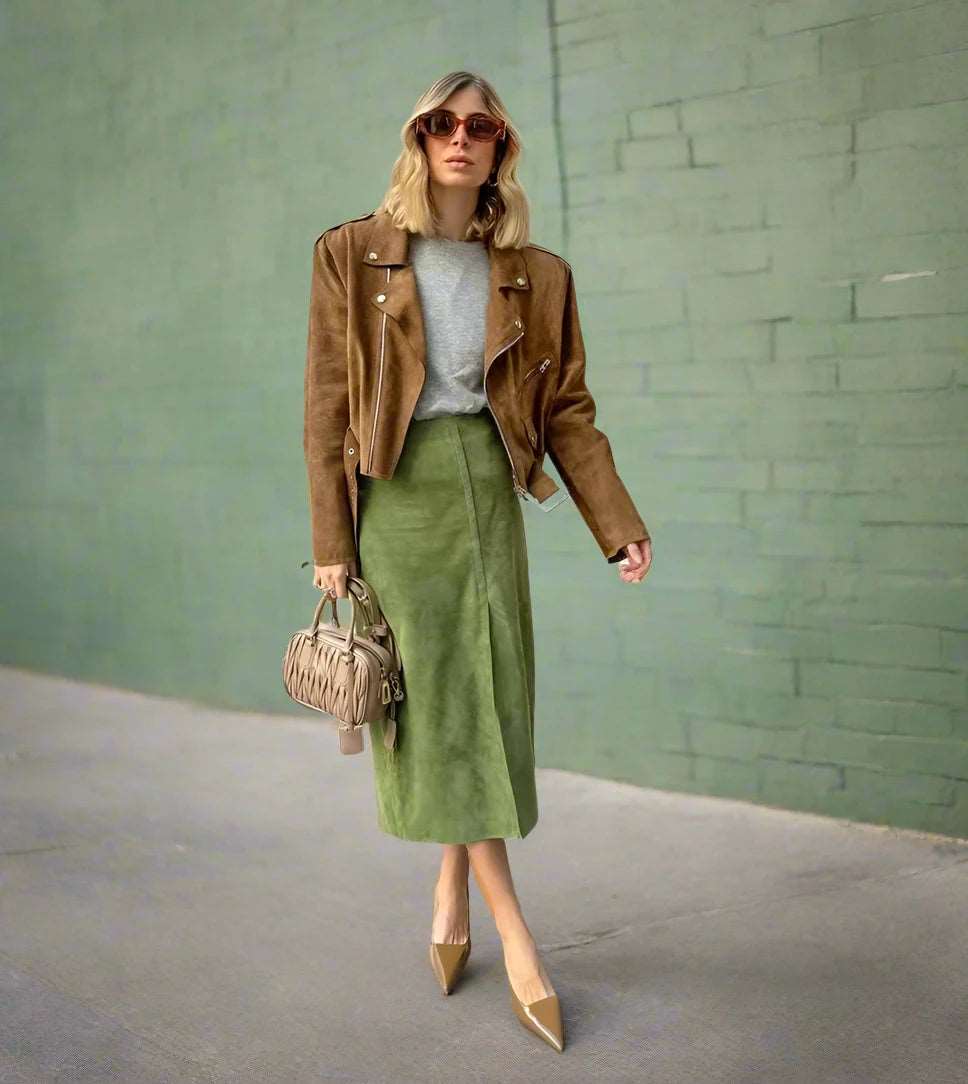 Women's Avocado Green High Waist Suede Skirt - ChoreGirl