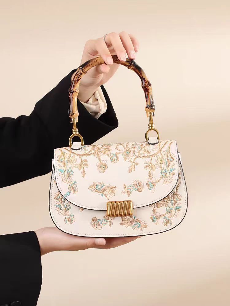 Women's Bamboo Handle Embroidery Detail Cross-body Bag - ChoreGirl