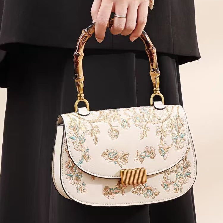 Women's Bamboo Handle Embroidery Detail Cross-body Bag - ChoreGirl