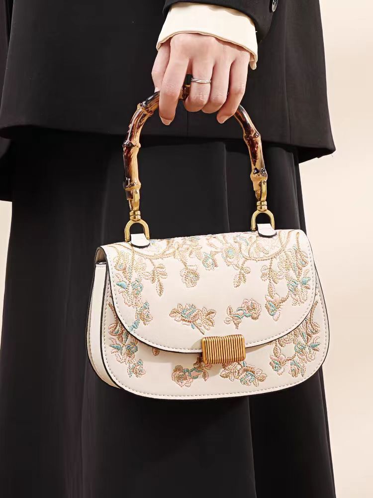 Women's Bamboo Handle Embroidery Detail Cross-body Bag - ChoreGirl