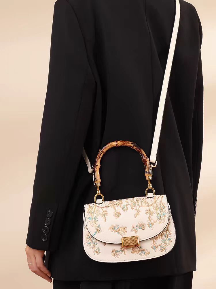 Women's Bamboo Handle Embroidery Detail Cross-body Bag - ChoreGirl