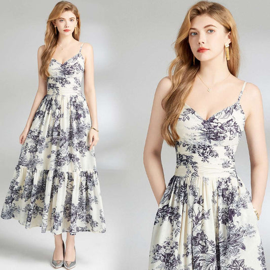 Women's Black and White Floral Print Strap Dress - ChoreGirl