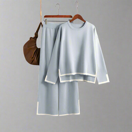 Women's Casual Long Sleeve Sweater and High Waist Wide Leg Pants Knitted Outfit Set - ChoreGirl