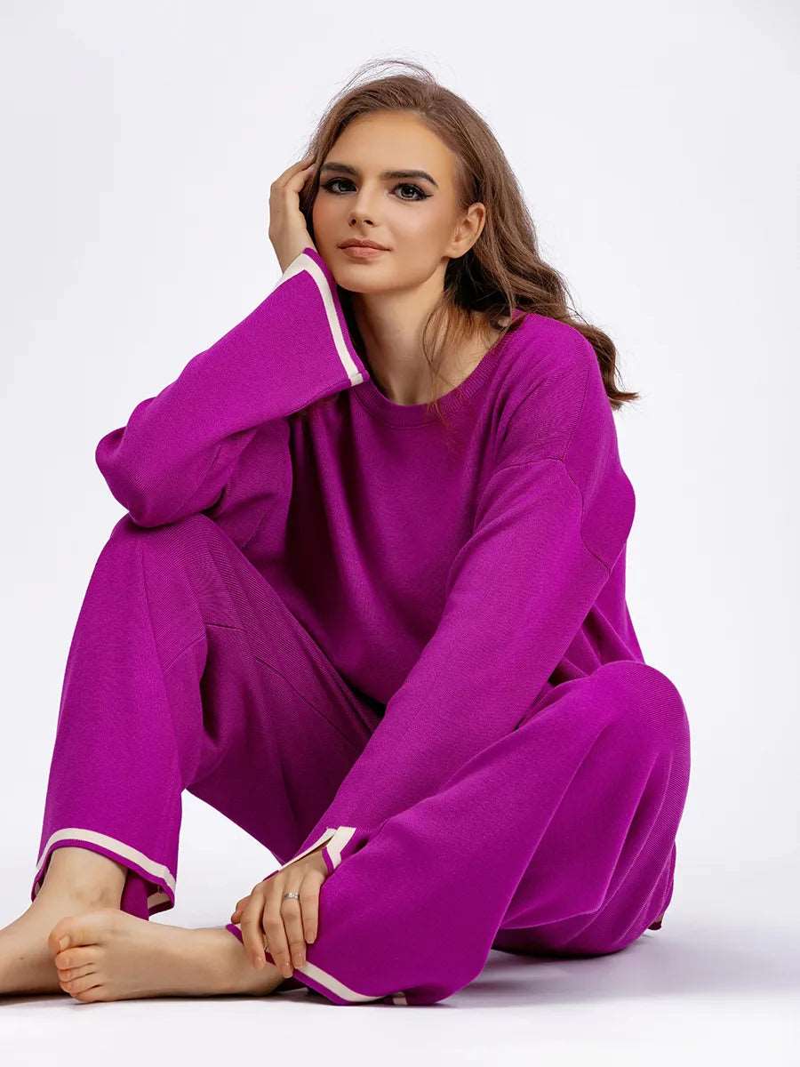 Women's Casual Long Sleeve Sweater and High Waist Wide Leg Pants Knitted Outfit Set - ChoreGirl