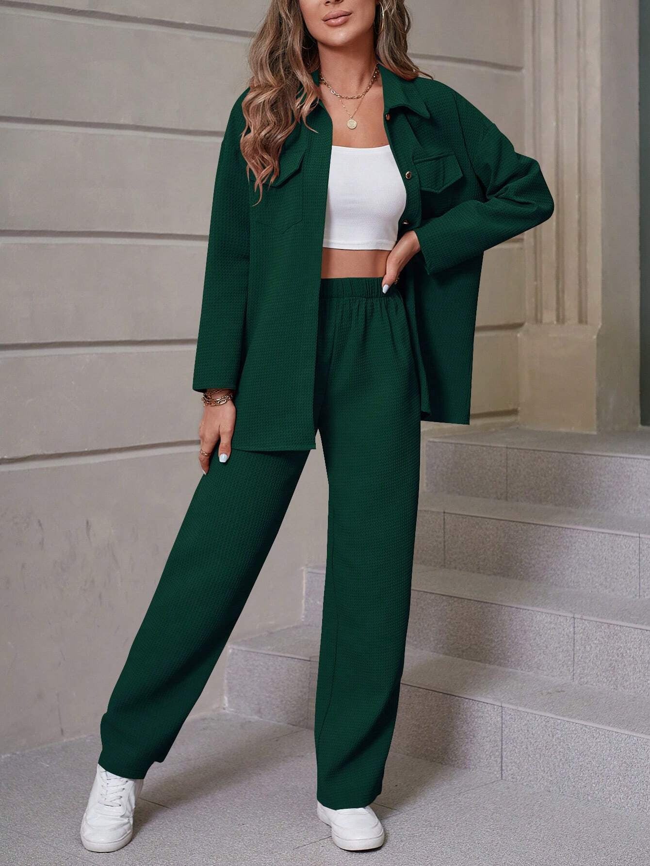 Women's Casual Shirt and Wide Leg Pants Outfit Set - ChoreGirl