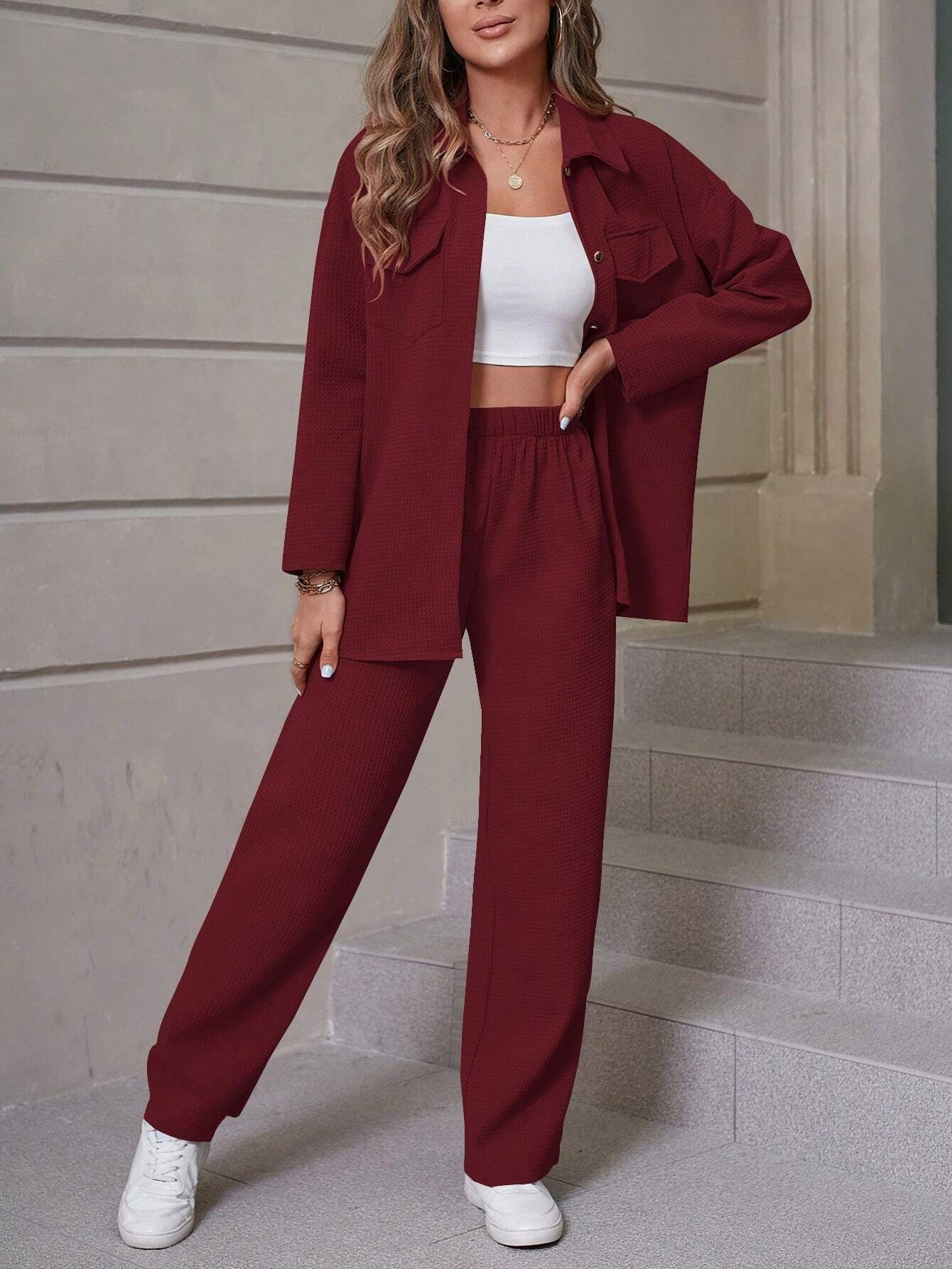 Women's Casual Shirt and Wide Leg Pants Outfit Set - ChoreGirl