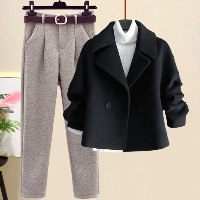 Women's Casual Woolen Coat, Sweater and Pants Three Piece Outfit Set - ChoreGirl