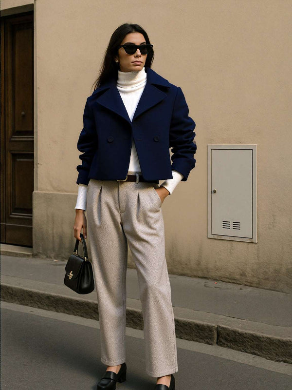 Women's Casual Woolen Coat, Sweater and Pants Three Piece Outfit Set