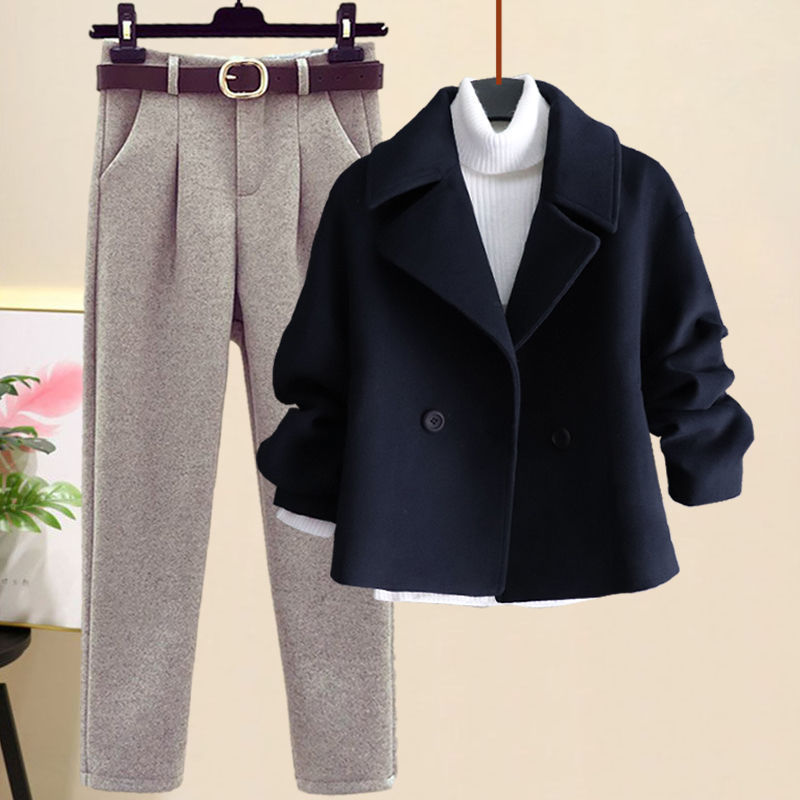 Women's Casual Woolen Coat, Sweater and Pants Three Piece Outfit Set - ChoreGirl